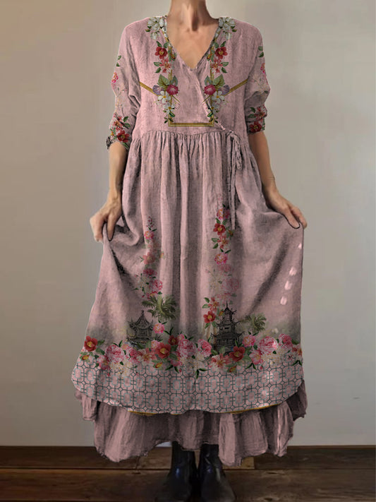 Retro Boho kwiatowy nadruk Vintage dekolt w szpic z podwójnym półrzędem bawełniana sukienka midi z długim rękawem