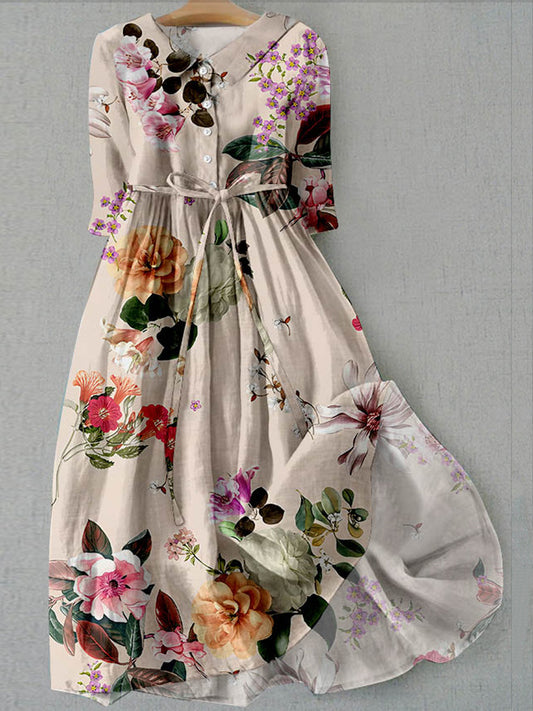 Retro boho kwiatowy nadruk vintage szykowny guzik z długim rękawem midi sukienka