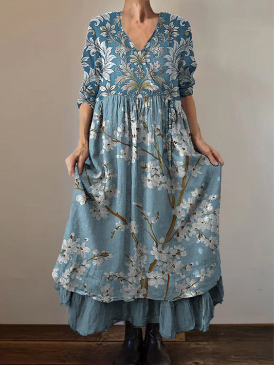 Retro Boho kwiatowy nadruk Vintage dekolt w szpic z podwójnym półrzędem bawełniana sukienka midi z długim rękawem