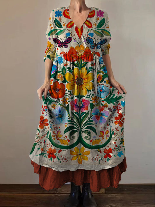 Retro Boho kwiatowy nadruk Vintage dekolt w szpic z podwójnym półrzędem bawełniana sukienka midi z długim rękawem