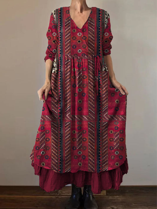 Retro Boho kwiatowy nadruk Vintage dekolt w szpic z podwójnym półrzędem bawełniana sukienka midi z długim rękawem