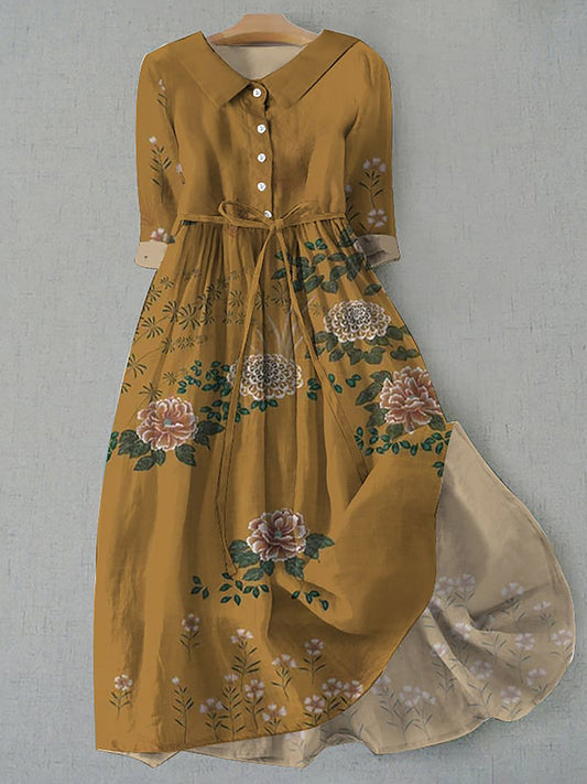 Retro boho kwiatowy nadruk vintage szykowny guzik z długim rękawem midi sukienka