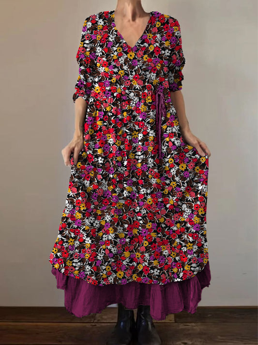 Retro Boho kwiatowy nadruk Vintage dekolt w szpic z podwójnym półrzędem bawełniana sukienka midi z długim rękawem