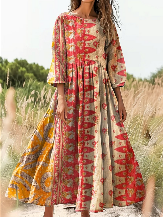 Retro Boho kwiatowy wzór botaniki Vintage chic okrągły dekolt bawełniana sukienka midi z długim rękawem