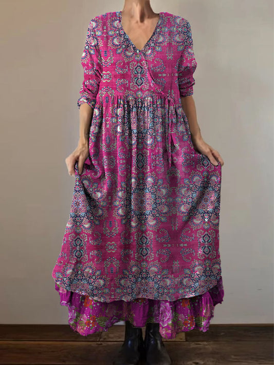 Retro Boho kwiatowy nadruk Vintage dekolt w szpic z podwójnym półrzędem bawełniana sukienka midi z długim rękawem