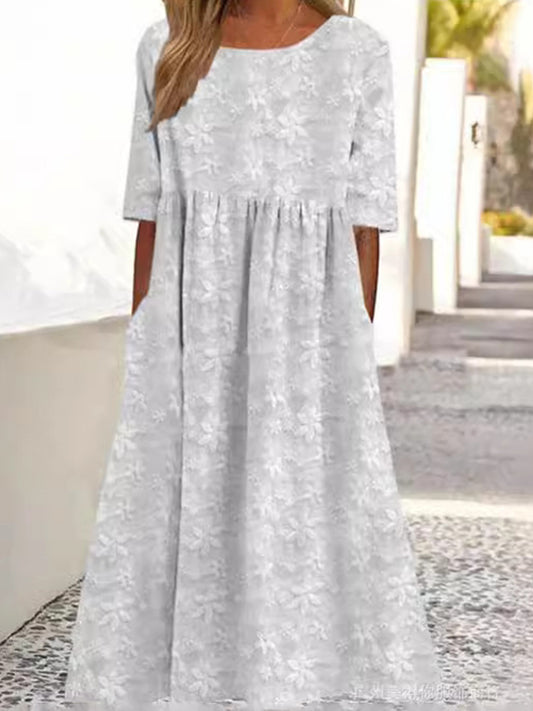 Damska haftowana sukienka z okrągłym dekoltem w stylu retro, haftowana