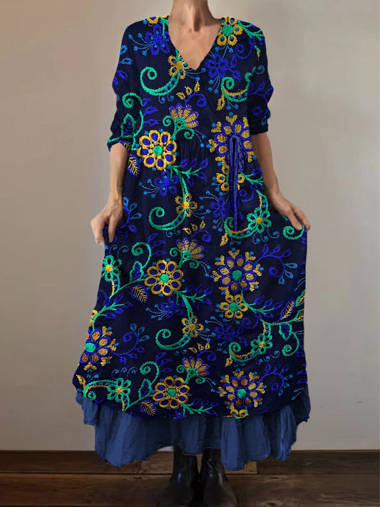 Retro Boho kwiatowy nadruk Vintage dekolt w szpic z podwójnym półrzędem bawełniana sukienka midi z długim rękawem