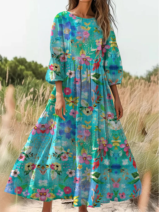 Retro Boho kwiatowy nadruk w stylu vintage szyk z dekoltem w szpic z długim rękawem sukienka midi