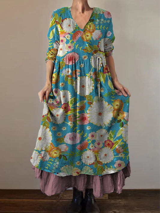 Retro Boho kwiatowy nadruk Vintage dekolt w szpic z podwójnym półrzędem bawełniana sukienka midi z długim rękawem