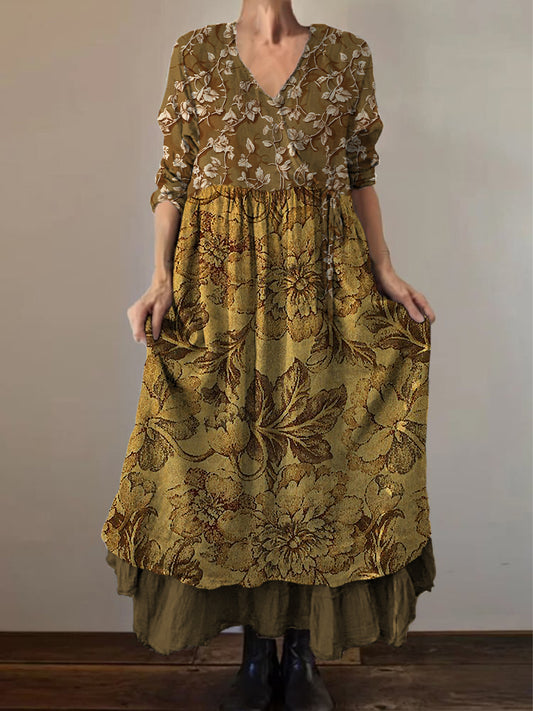 Retro Boho kwiatowy nadruk Vintage dekolt w szpic z podwójnym półrzędem bawełniana sukienka midi z długim rękawem