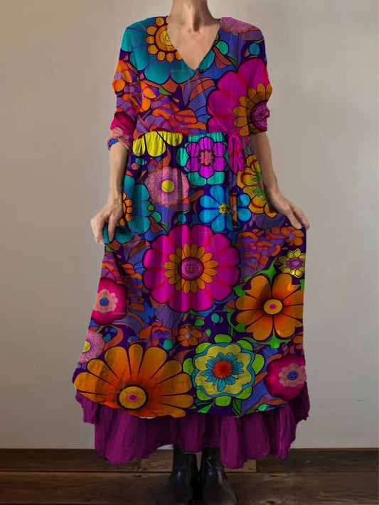 Retro Boho kwiatowy nadruk Vintage dekolt w szpic z podwójnym półrzędem bawełniana sukienka midi z długim rękawem