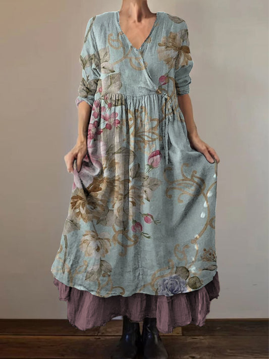 Retro Boho kwiatowy nadruk Vintage dekolt w szpic z podwójnym półrzędem bawełniana sukienka midi z długim rękawem