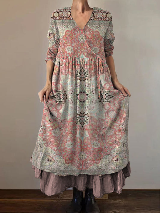 Retro Boho kwiatowy nadruk Vintage dekolt w szpic z podwójnym półrzędem bawełniana sukienka midi z długim rękawem