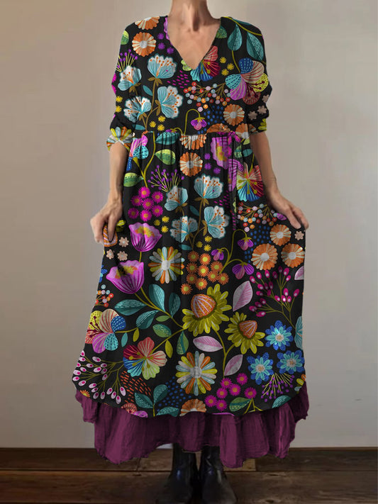 Retro Boho kwiatowy nadruk Vintage dekolt w szpic z podwójnym półrzędem bawełniana sukienka midi z długim rękawem