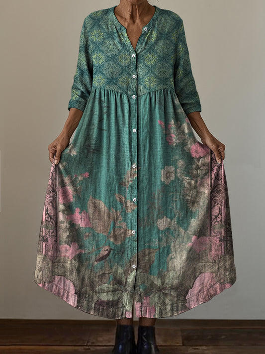 Retro Boho kwiatowy nadruk w stylu vintage szyk z dekoltem w szpic z długim rękawem sukienka midi