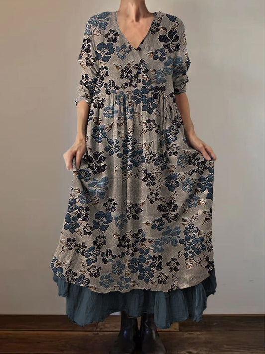 Retro Boho kwiatowy nadruk Vintage dekolt w szpic z podwójnym półrzędem bawełniana sukienka midi z długim rękawem