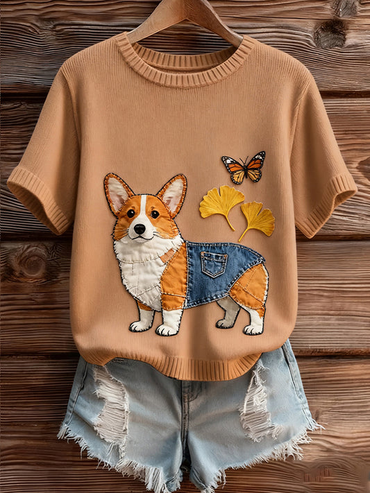 Damski artystyczny nadruk zwierzęcy wygodny top z dzianiny z krótkim rękawem