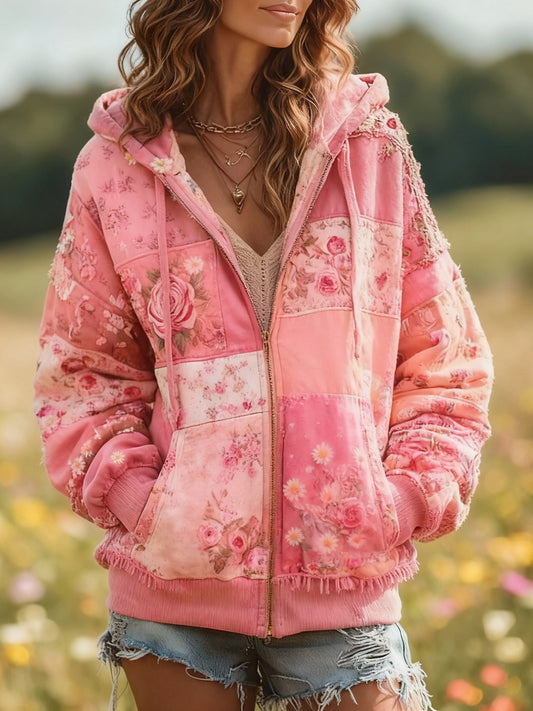 Damska bluza z kapturem z kwiatowym nadrukiem