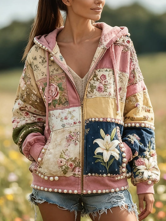 Damska bluza z kapturem z kwiatowym nadrukiem