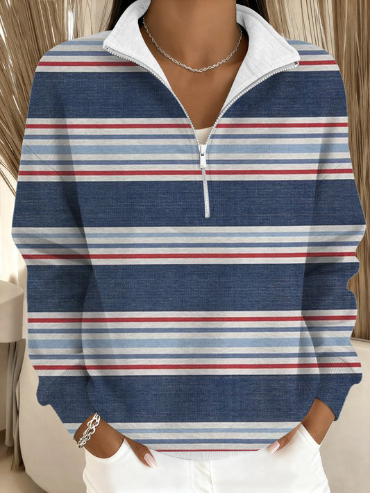 Damska klasyczna niebiesko-czerwona bluza z kołnierzem w paski
