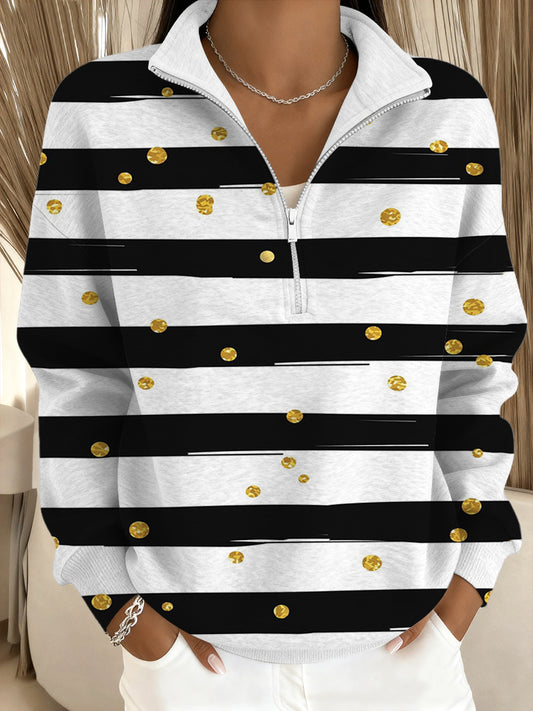 Damska efektowna czarno-biała bluza w paski i złotą kropkę