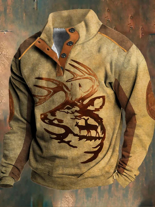 Męska bluza z nadrukiem patchworkowa z kołnierzem na zamek błyskawiczny z nadrukiem Western Deer Flush Outdoor