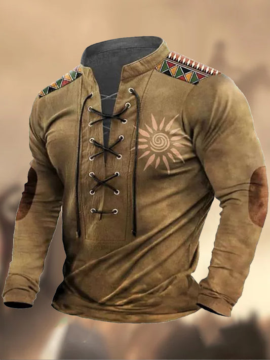 Retro Western Highway tekstura wzór z nadrukiem Village V-Neck Koszula z długim rękawem w stylu Henry