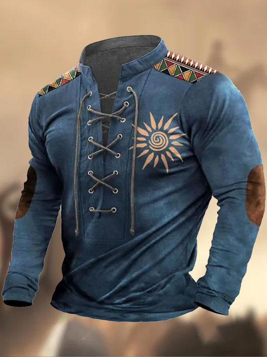 Retro Western Highway tekstura wzór z nadrukiem Village V-Neck Koszula z długim rękawem w stylu Henry