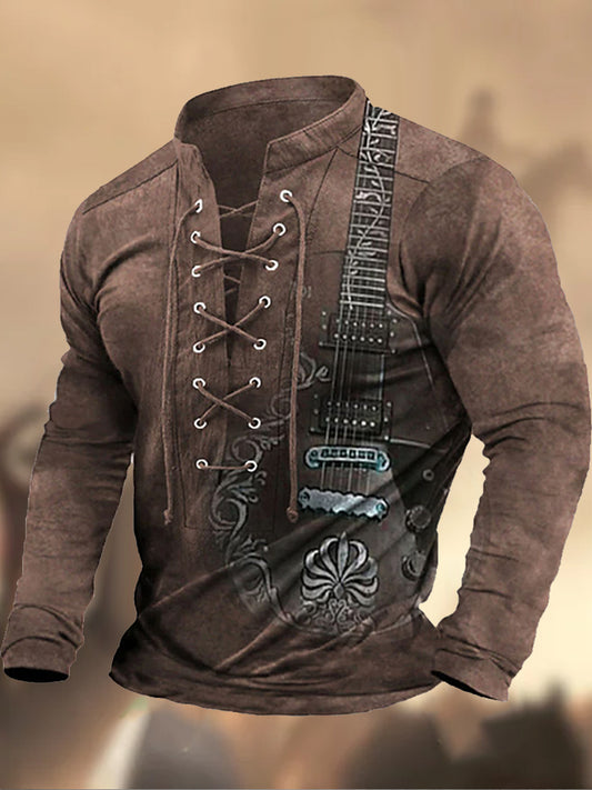 Retro Western Highway tekstura wzór z nadrukiem Village V-Neck Koszula z długim rękawem w stylu Henry