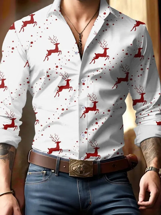 Męska koszula w stylu retro Boże Narodzenie z długim rękawem