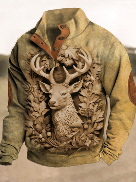 Męskie Vintage Stag Head Trójwymiarowy Wydrukowany Stand Collar Suwak Flush Outdoor Bluza