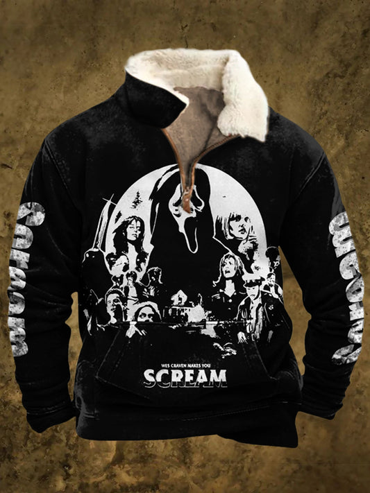 Vintage Punk Scream Wydrukowana Klapa Puszysty Kołnierz Suwak Casualowa Gruba Bluza