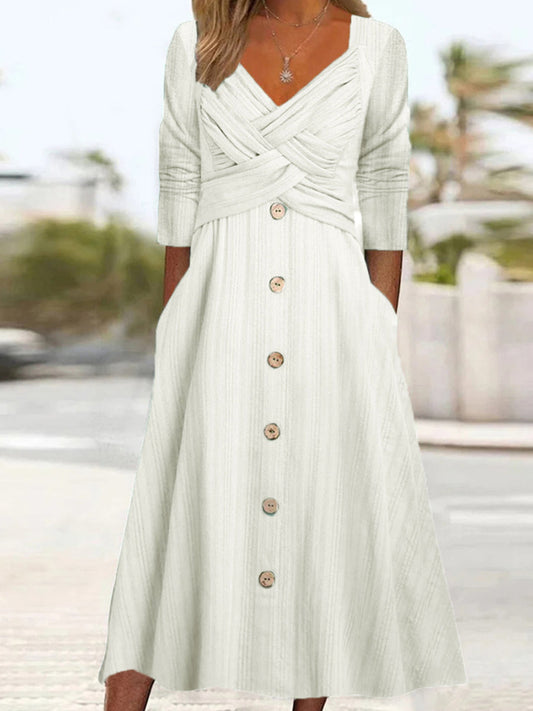 Damska sukienka midi z krzyżykiem w stylu retro w jednolitym kolorze z dekoltem w szpic