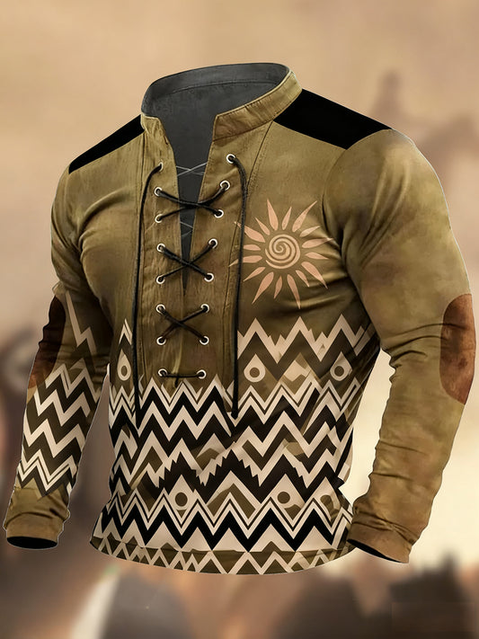 Vintage Western Art Print Koszula z długim rękawem w stylu wiejskim z dekoltem w szpic Henley