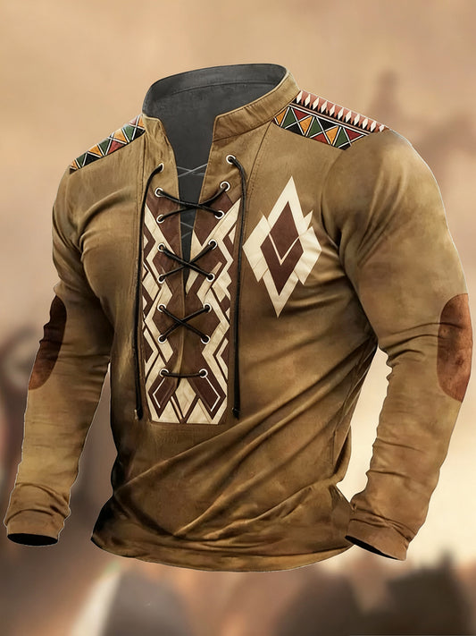 Vintage Western Art Print Koszula z długim rękawem w stylu wiejskim z dekoltem w szpic Henley