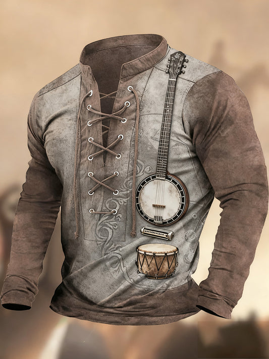 Vintage Western Art Print Koszula z długim rękawem w stylu wiejskim z dekoltem w szpic Henley