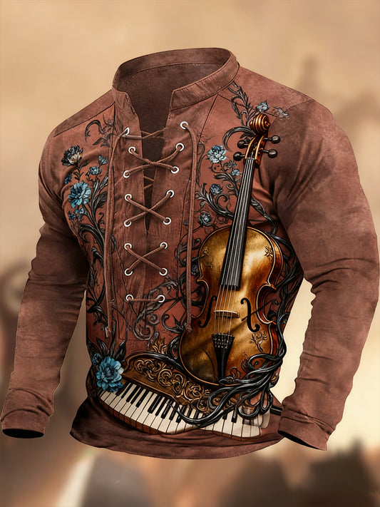 Vintage Western Art Print Koszula z długim rękawem w stylu wiejskim z dekoltem w szpic Henley