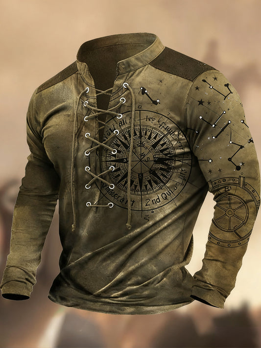 Vintage Western Art Print Koszula z długim rękawem w stylu wiejskim z dekoltem w szpic Henley