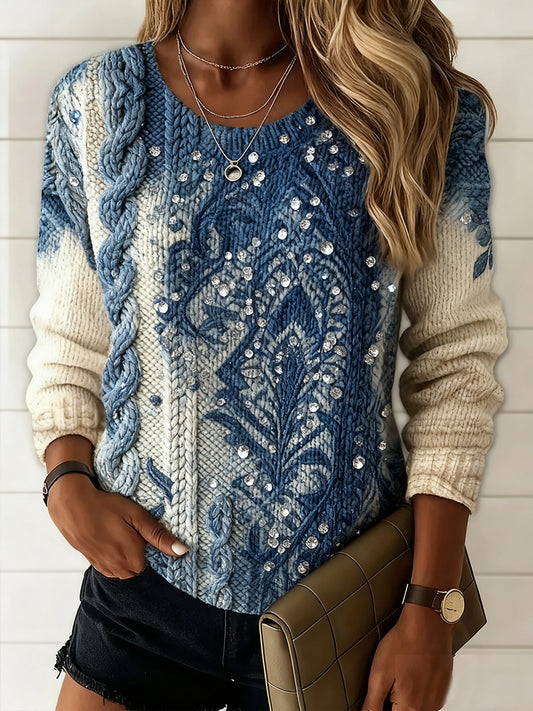 Damski sweter komfortowy w stylu vintage z kwiatowym nadrukiem