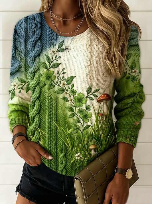 Damski sweter komfortowy w stylu vintage z kwiatowym nadrukiem