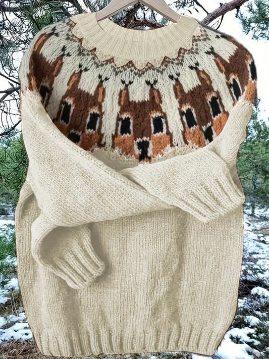 Damski vintage Boże Narodzenie Animal Art Print Wygodny sweter na co dzień