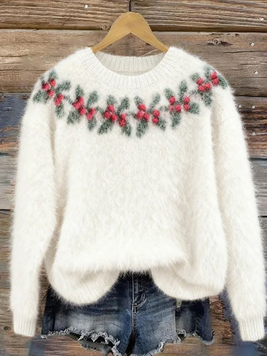 Damska świąteczna bluza w stylu vintage z nadrukiem artystycznym Przytulna flanelowa bluza