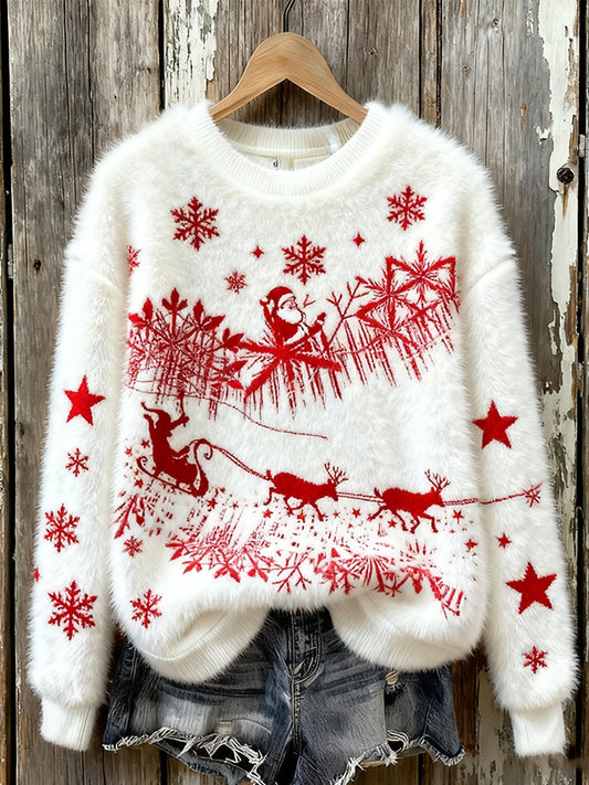 Damska świąteczna bluza w stylu vintage z nadrukiem artystycznym Przytulna flanelowa bluza