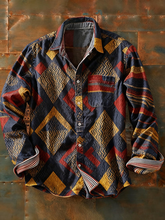 Męska koszulka z długim rękawem w stylu retro w stylu abstrakcyjnym