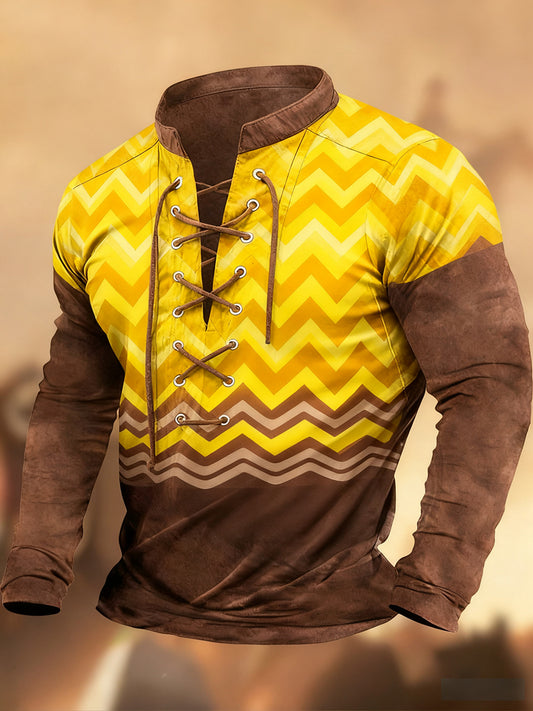 Vintage Western Art Print Koszula z długim rękawem w stylu wiejskim z dekoltem w szpic Henley