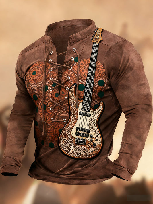 Vintage Western Art Print Koszula z długim rękawem w stylu wiejskim z dekoltem w szpic Henley