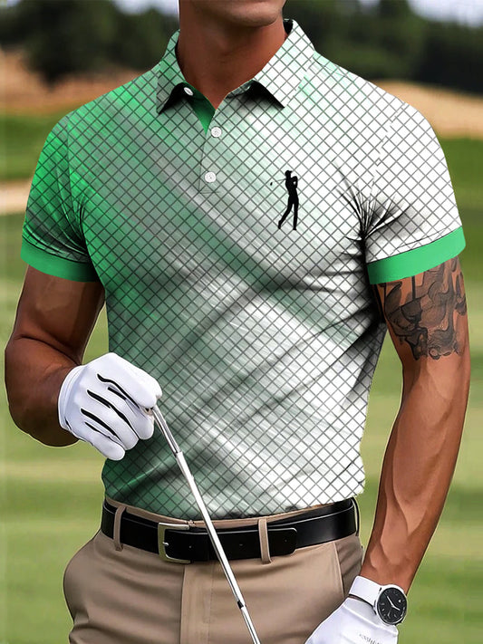 Męska koszulka polo w stylu retro w kratkę z kolorowym nadrukiem artystycznym Casual Business