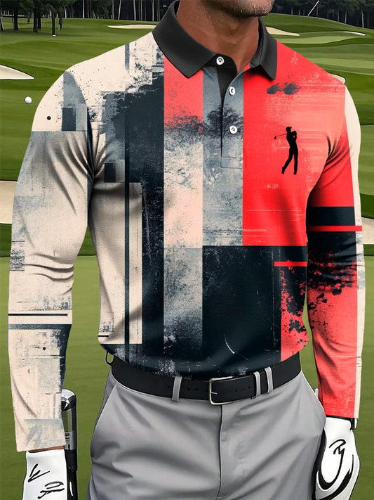 Męska koszulka polo z długim rękawem w stylu retro geometryczny kolorowy atrament w stylu artystycznym