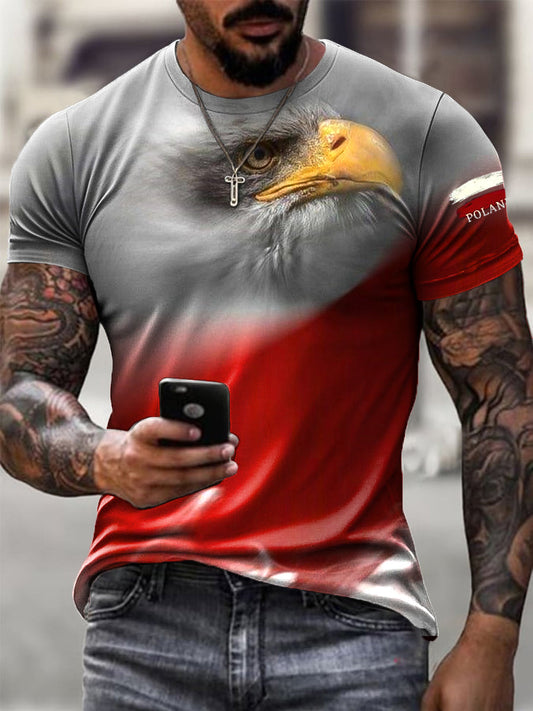 Męska koszulka z abstrakcyjnym logo z orłem, flagą i nadrukiem artystycznym, do noszenia na co dzień