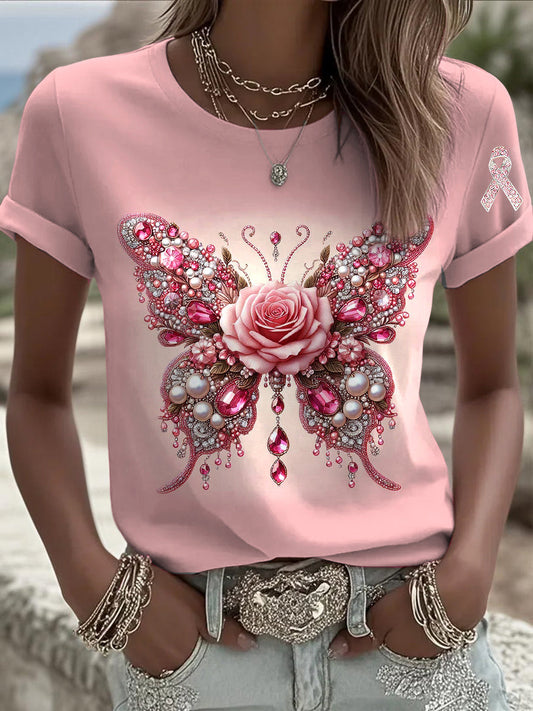 Damski motyl kwiatowy kryształ górski Nadruk Casual T-Shirt